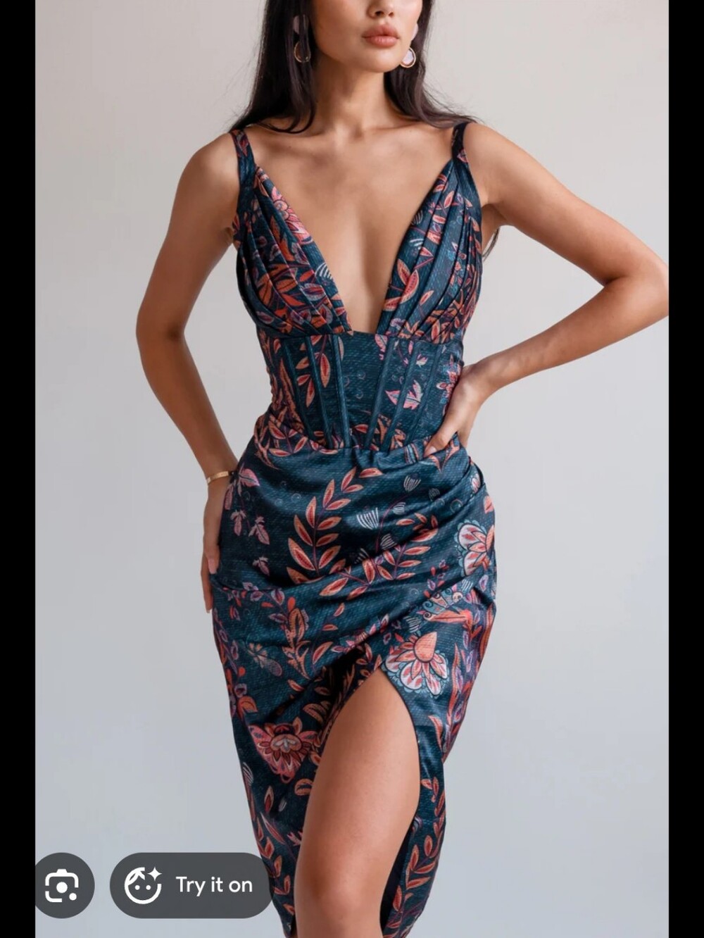 Averie 3X Deep V-Neck Floral Midi Dress in Teal and Coral